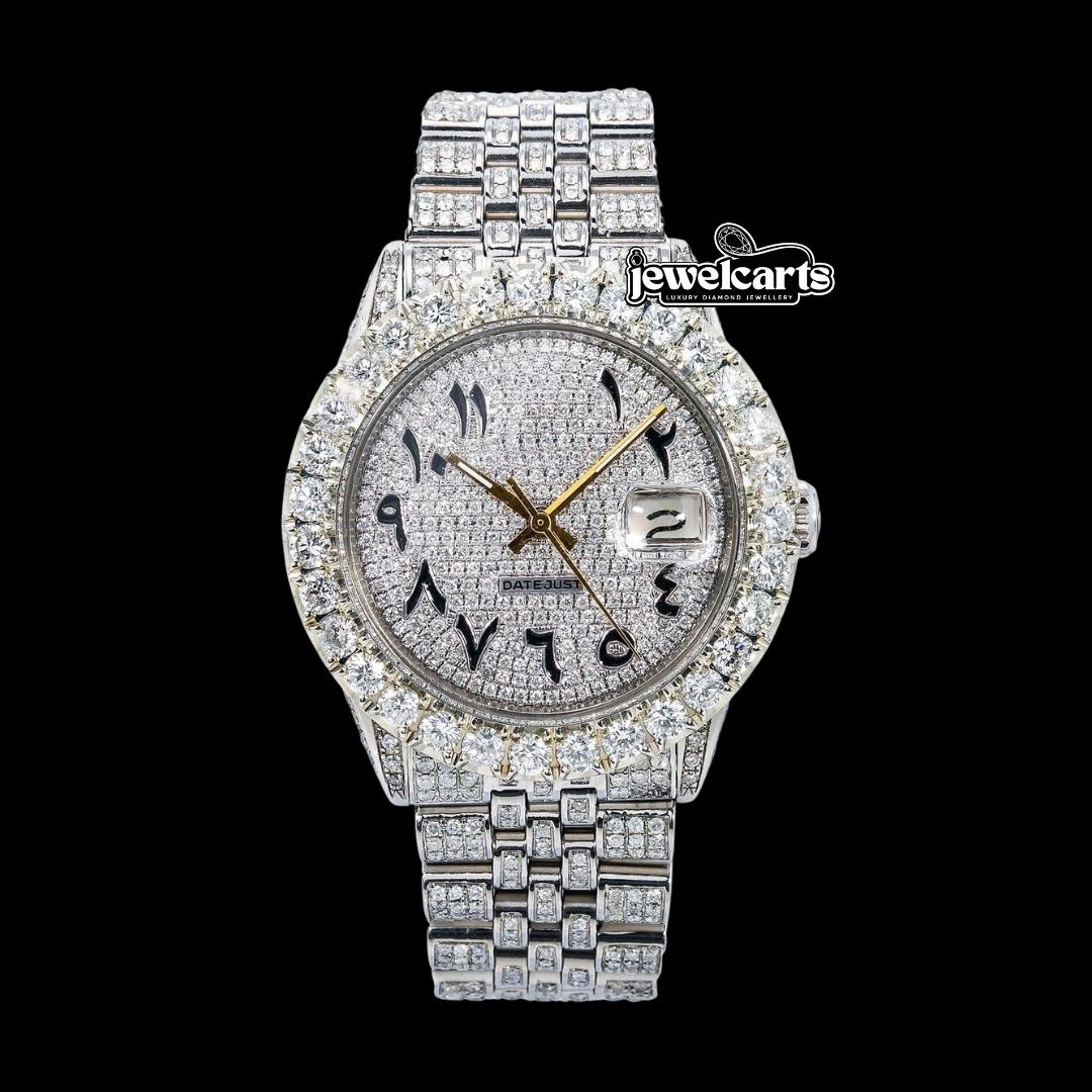 Rolex Datejust Black Arabic Numerals Diamond Paved Dial Iced Out Jubilee Bracelet Moissanite Watch Front View