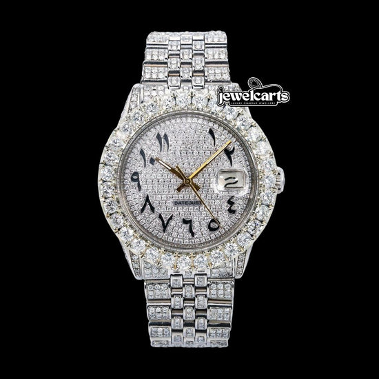 Rolex Datejust Black Arabic Numerals Diamond Paved Dial Iced Out Jubilee Bracelet Moissanite Watch Front View