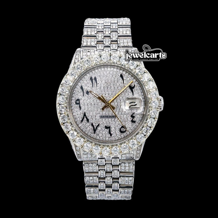 Rolex Datejust Black Arabic Numerals Diamond Paved Dial Iced Out Jubilee Bracelet Moissanite Watch Front View