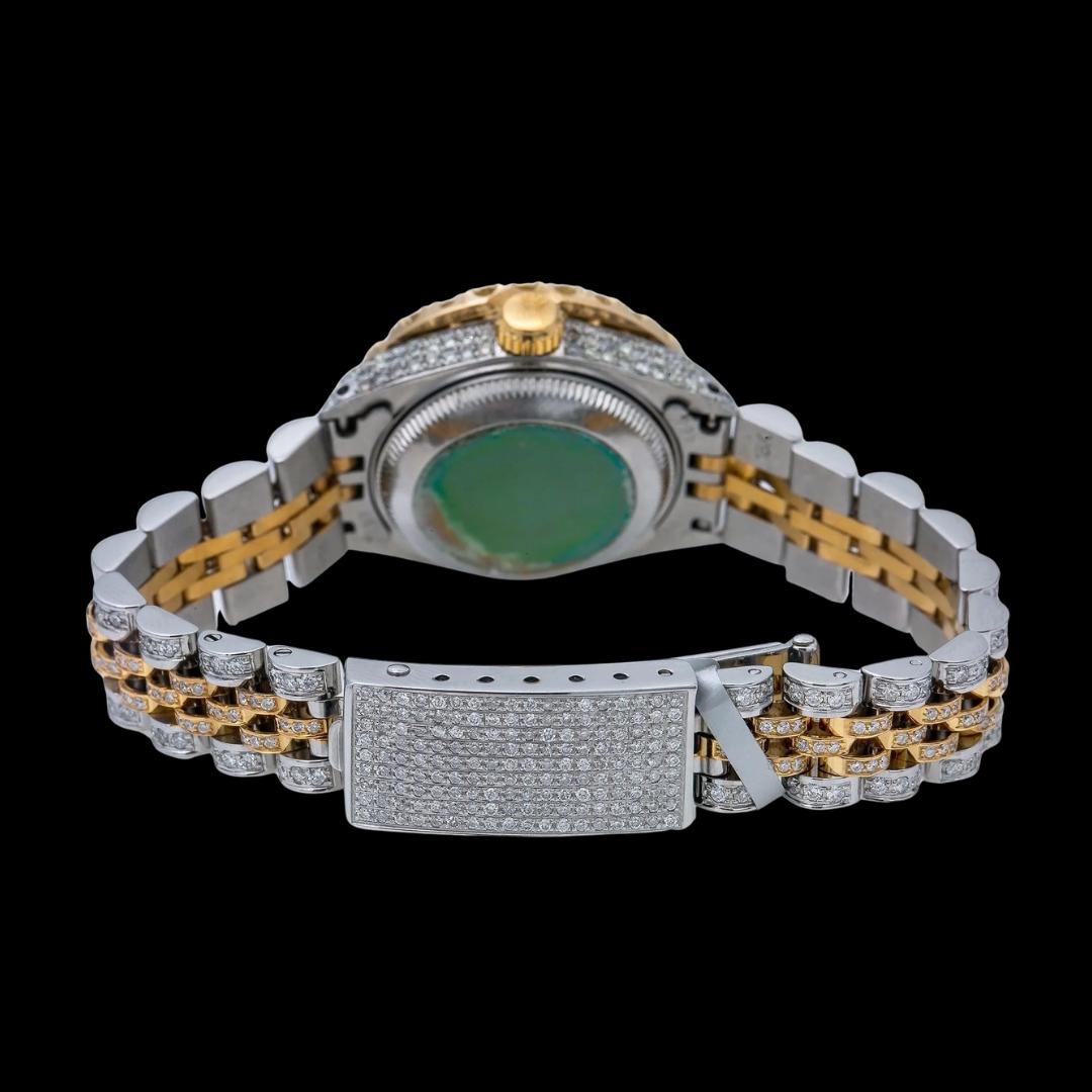 Rolex Datejust Black Dial Diamond Bezel Two Tone Yellow Gold Jubilee Bracelet Full Iced Out Moissanite Watch Caseback View