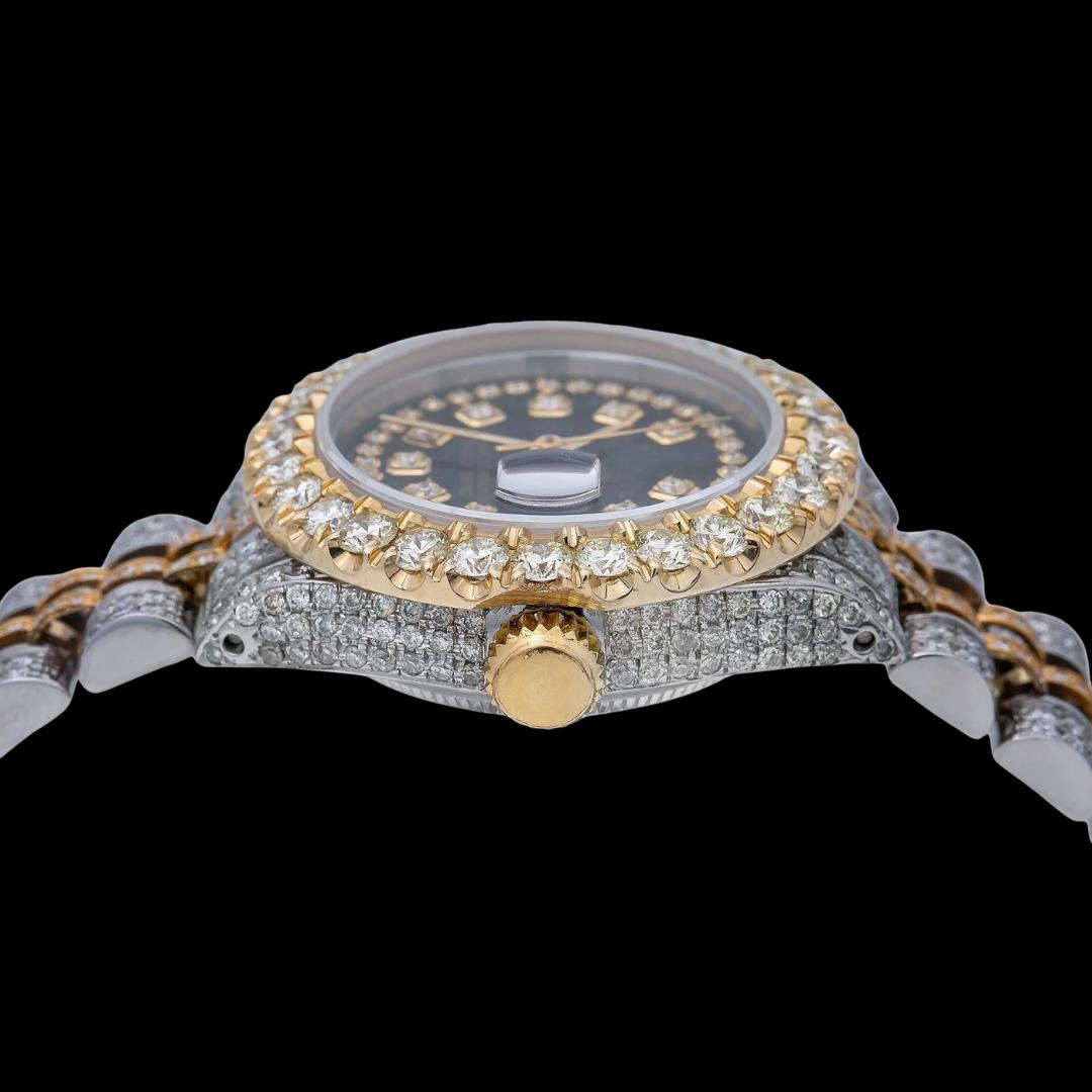 Rolex Datejust Black Dial Diamond Bezel Two Tone Yellow Gold Jubilee Bracelet Full Iced Out Moissanite Watch Crown View
