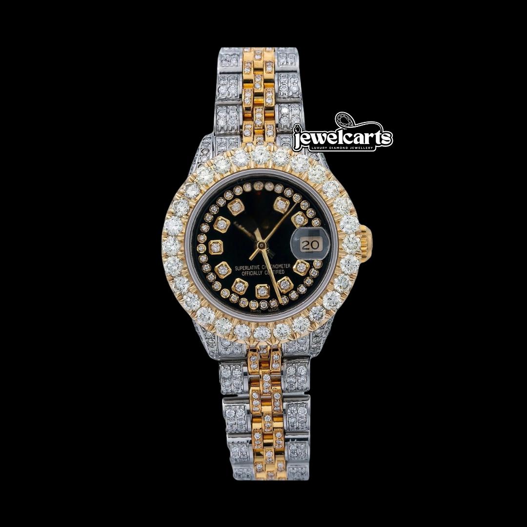 Rolex Datejust Black Dial Diamond Bezel Two Tone Yellow Gold Jubilee Bracelet Full Iced Out Moissanite Watch Front View