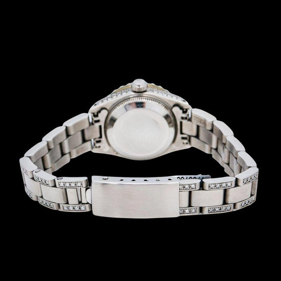 Rolex Datejust Black Dial Diamond Markers Iced Out Oyster Bracelet Moissanite Watch for Women Caseback View