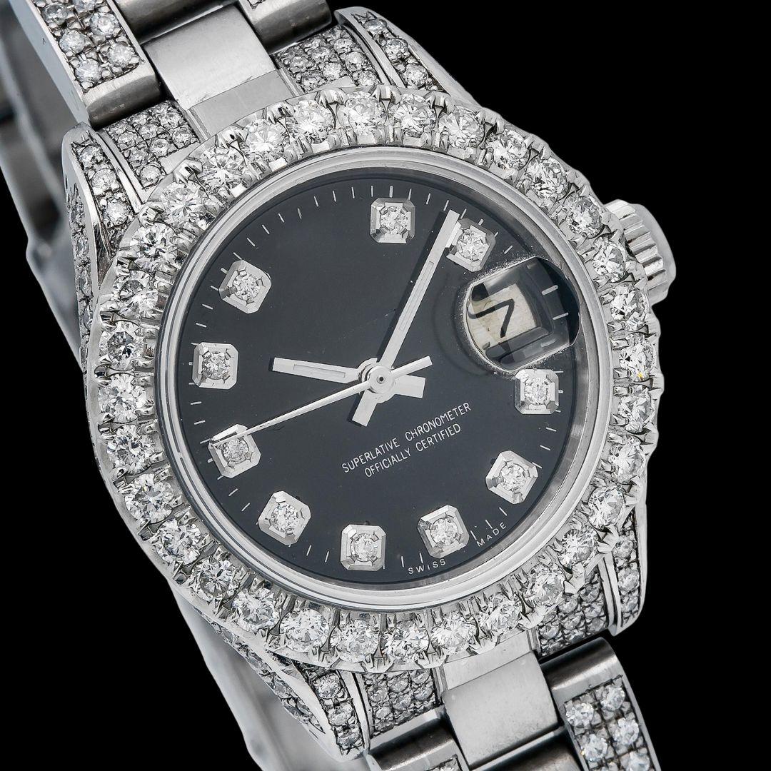 Rolex Datejust Black Dial Diamond Markers Iced Out Oyster Bracelet Moissanite Watch for Women Close Up Dial View