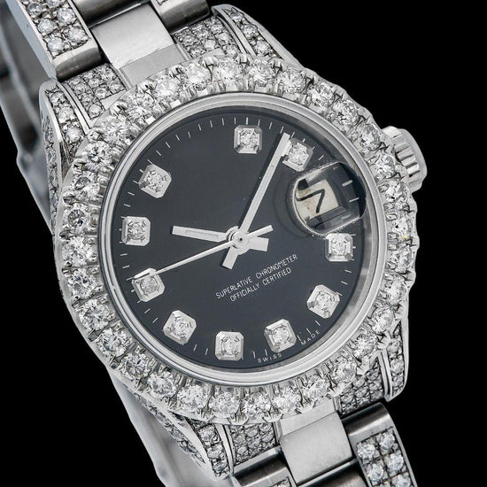Rolex Datejust Black Dial Diamond Markers Iced Out Oyster Bracelet Moissanite Watch for Women Close Up Dial View