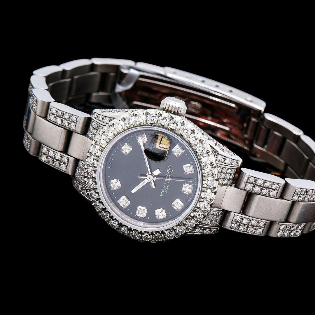 Rolex Datejust Black Dial Diamond Markers Iced Out Oyster Bracelet Moissanite Watch for Women Close Up Front View