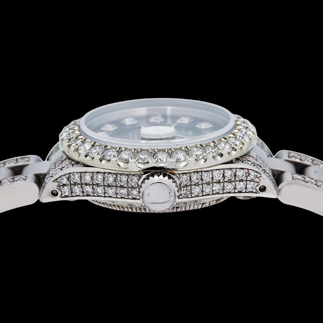 Rolex Datejust Black Dial Diamond Markers Iced Out Oyster Bracelet Moissanite Watch for Women Crown View