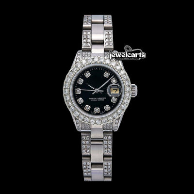 Rolex Datejust Black Dial Diamond Markers Iced Out Oyster Bracelet Moissanite Watch for Women