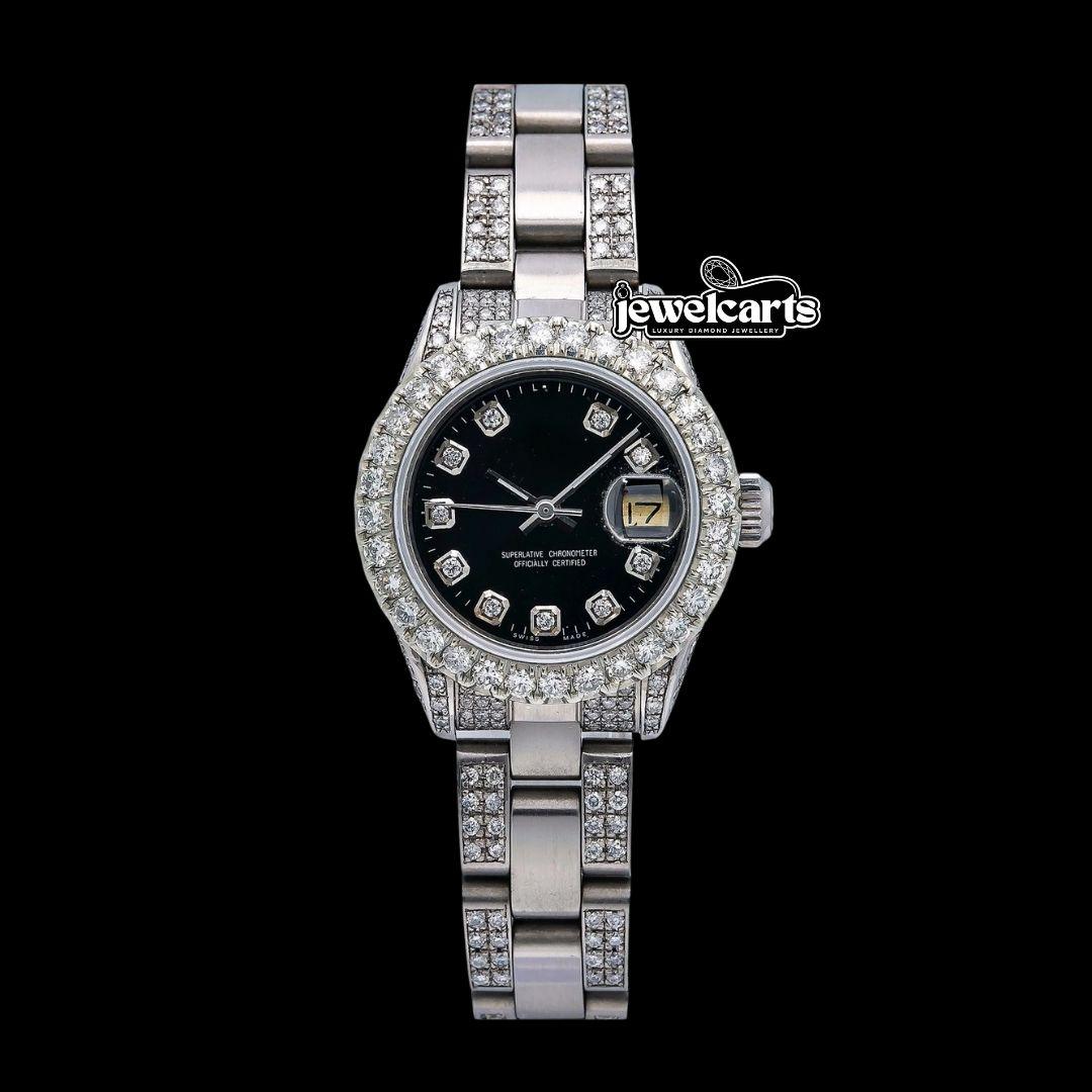 Rolex Datejust Black Dial Diamond Markers Iced Out Oyster Bracelet Moissanite Watch for Women Front View