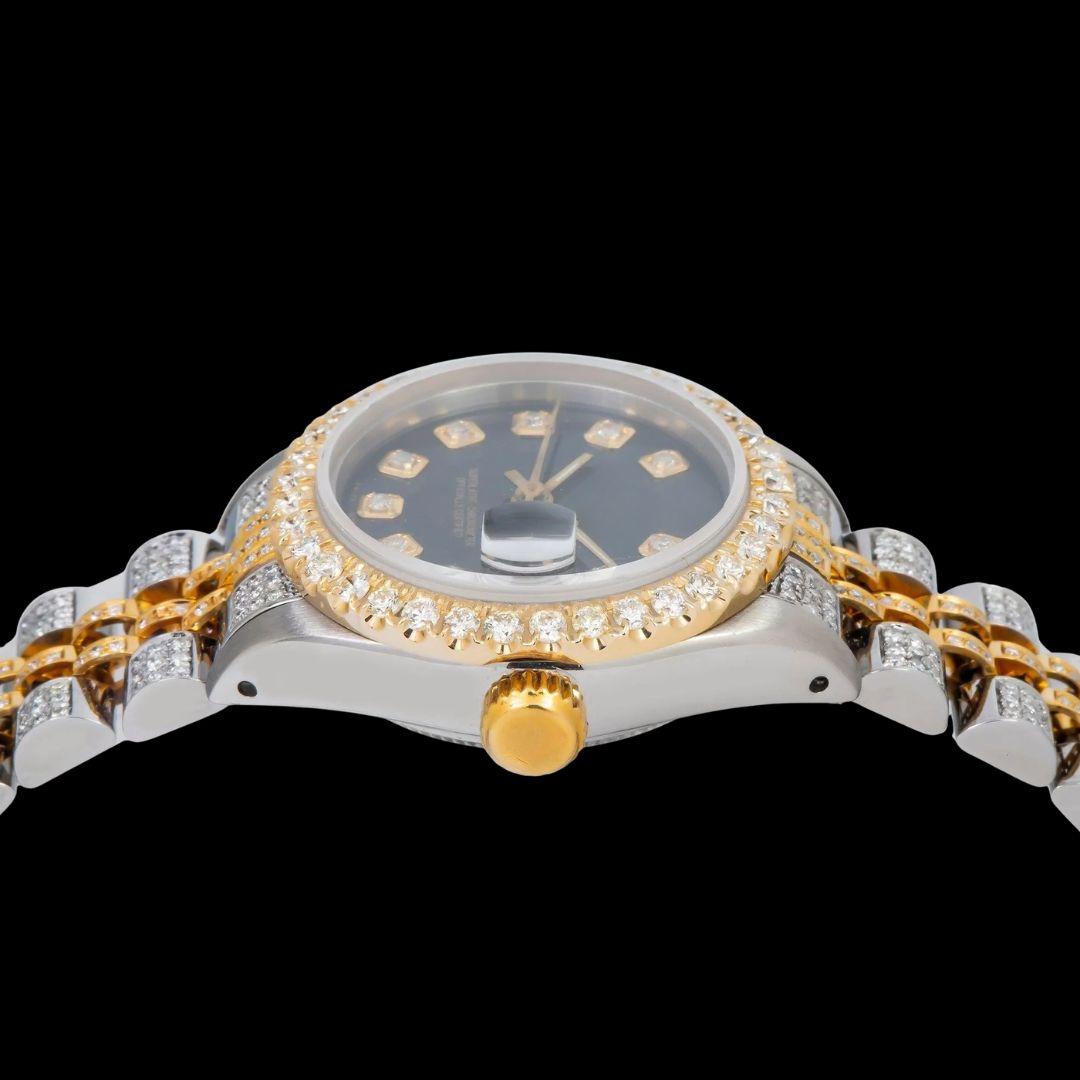 Rolex Datejust Black Dial Diamond Markers Two Tone Yellow Gold Iced Out Jubilee Bracelet Moissanite Watch for Women Crown View