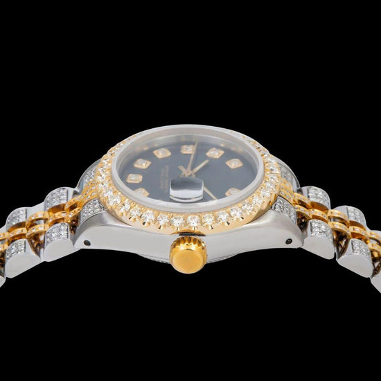 Rolex Datejust Black Dial Diamond Markers Two Tone Yellow Gold Iced Out Jubilee Bracelet Moissanite Watch for Women Crown View
