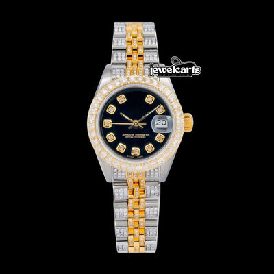 Rolex Datejust Black Dial Diamond Markers Two Tone Yellow Gold Iced Out Jubilee Bracelet Moissanite Watch for Women