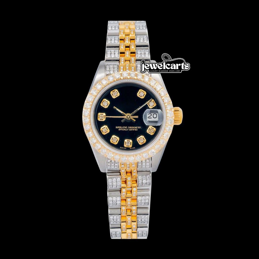 Rolex Datejust Black Dial Diamond Markers Two Tone Yellow Gold Iced Out Jubilee Bracelet Moissanite Watch for Women Front View