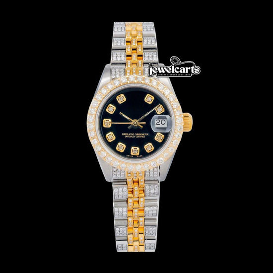Rolex Datejust Black Dial Diamond Markers Two Tone Yellow Gold Iced Out Jubilee Bracelet Moissanite Watch for Women Front View