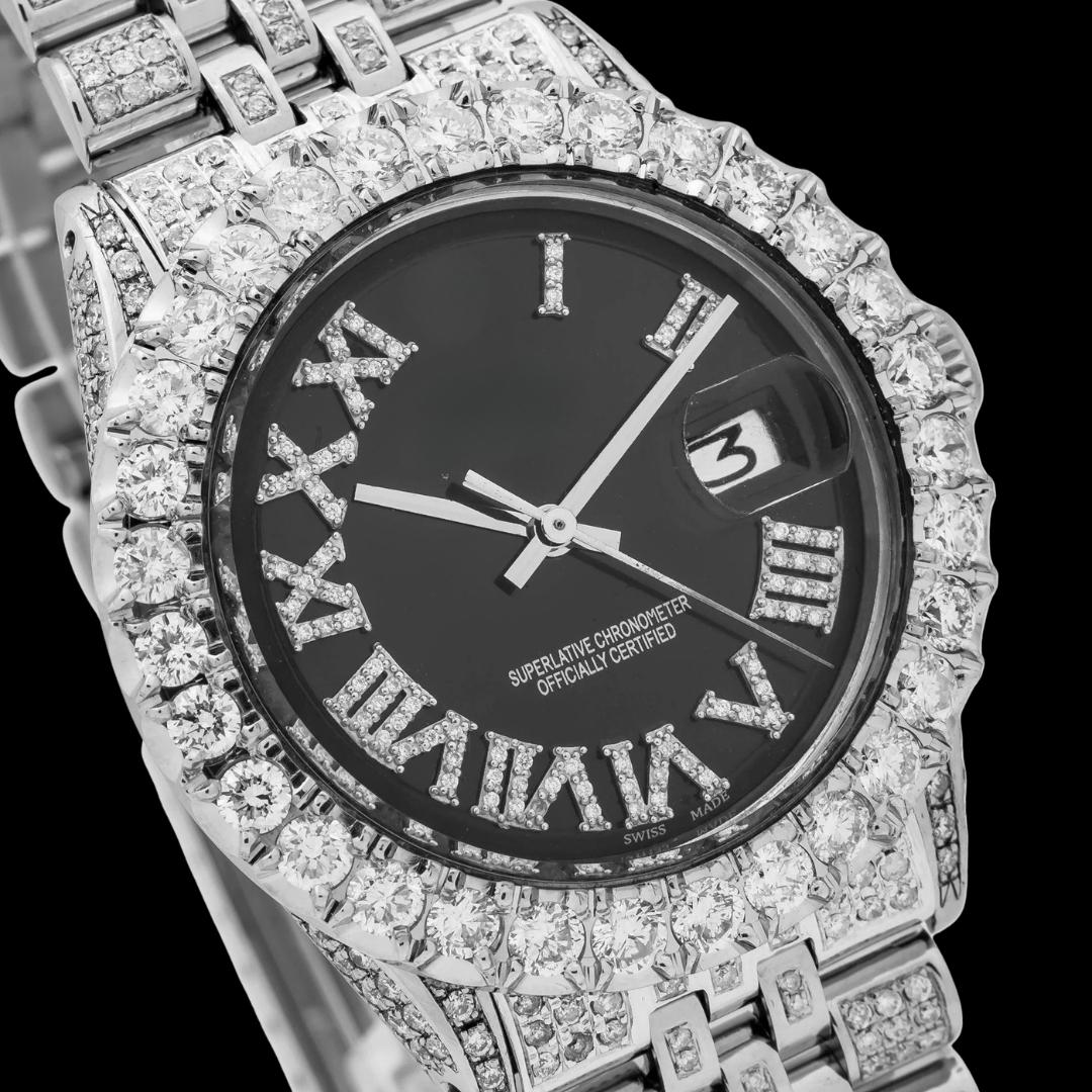 Rolex Datejust Black Dial Diamond Roman Numerals Iced Out Jubilee Bracelet Moissanite Watch Close Up Dial View