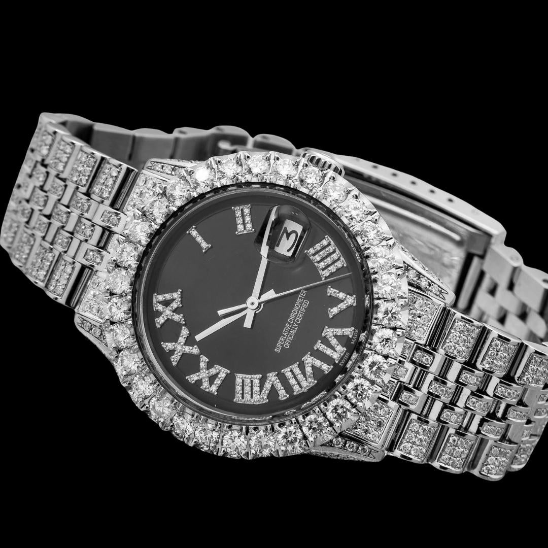 Rolex Datejust Black Dial Diamond Roman Numerals Iced Out Jubilee Bracelet Moissanite Watch Close Up Front View