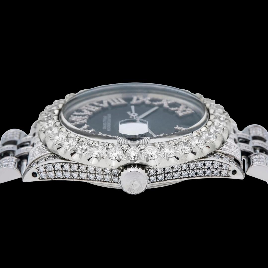 Rolex Datejust Black Dial Diamond Roman Numerals Iced Out Jubilee Bracelet Moissanite Watch Crown View
