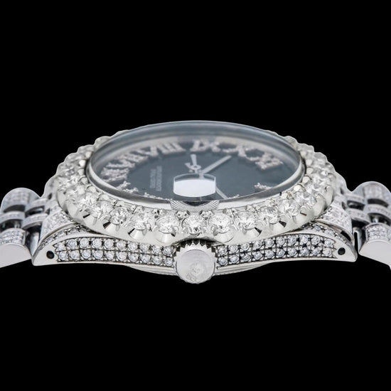 Rolex Datejust Black Dial Diamond Roman Numerals Iced Out Jubilee Bracelet Moissanite Watch Crown View