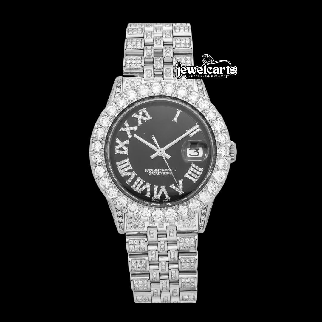 Rolex Datejust Black Dial Diamond Roman Numerals Iced Out Jubilee Bracelet Moissanite Watch Front View