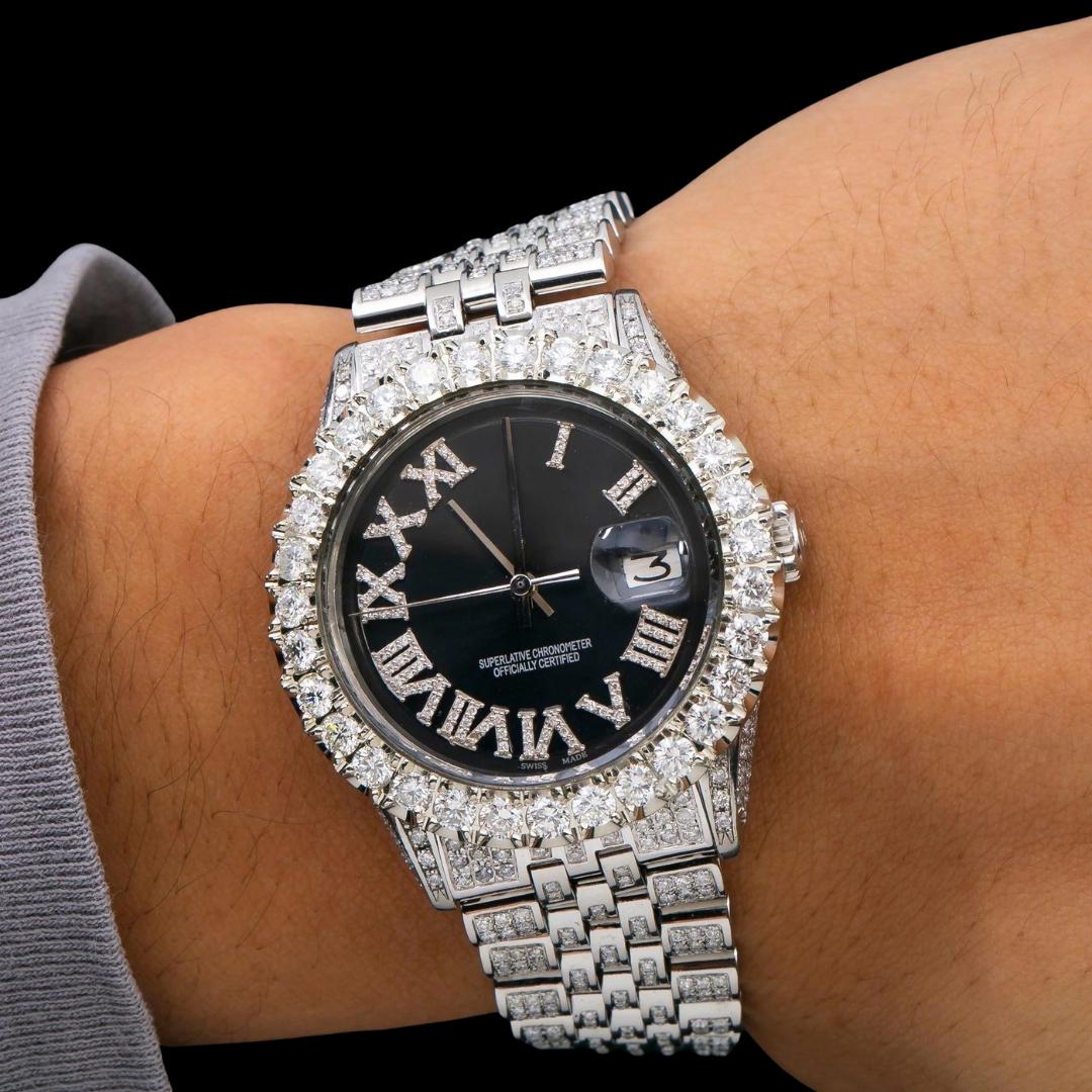 Rolex Datejust Black Dial Diamond Roman Numerals Iced Out Jubilee Bracelet Moissanite Watch On Wrist View