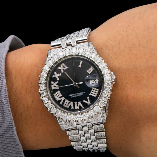 Rolex Datejust Black Dial Diamond Roman Numerals Iced Out Jubilee Bracelet Moissanite Watch On Wrist View