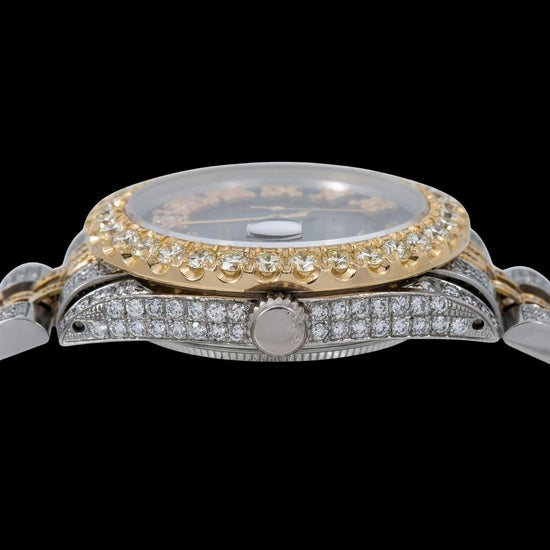 Rolex Datejust Black Dial Diamond Roman Numerals Two Tone Jubilee Bracelet Iced Out Moissanite Watch Crown View