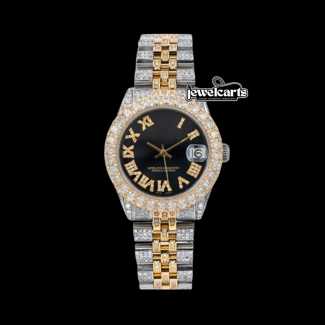Rolex Datejust Black Dial Diamond Roman Numerals Two Tone Jubilee Bracelet Iced Out Moissanite Watch Front View