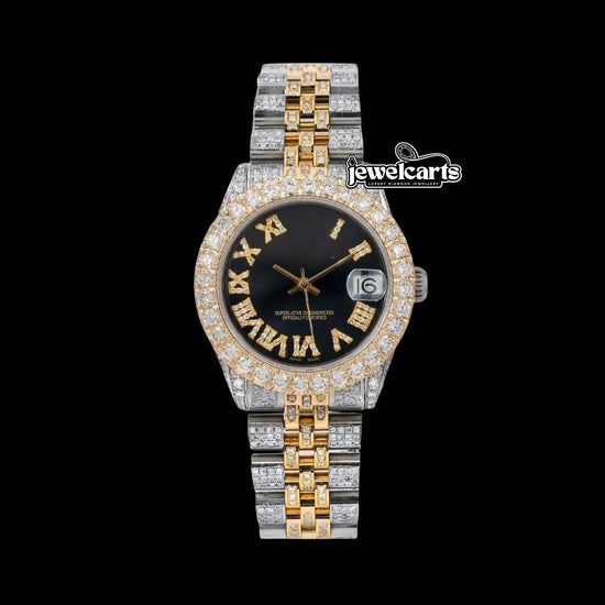 Rolex Datejust Black Dial Diamond Roman Numerals Two Tone Jubilee Bracelet Iced Out Moissanite Watch Front View