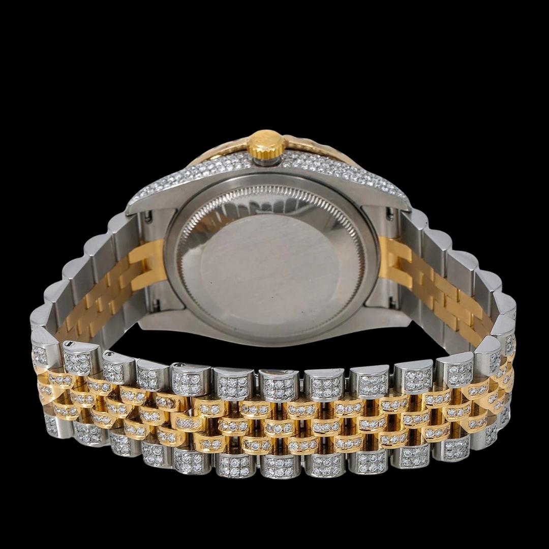 Rolex Datejust Black Dial Diamond Roman Numerals Two Tone Yellow Gold Jubilee Strap Iced Out Moissanite Watch Caseback View