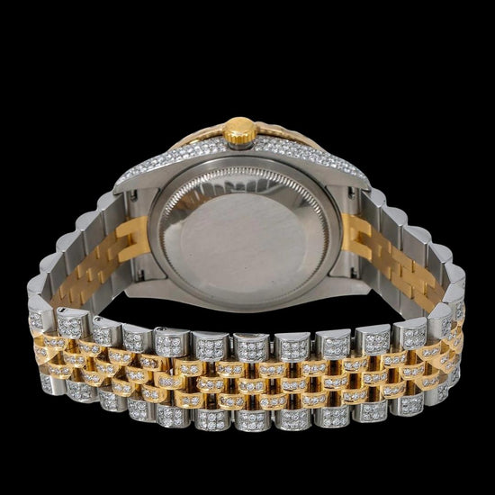 Rolex Datejust Black Dial Diamond Roman Numerals Two Tone Yellow Gold Jubilee Strap Iced Out Moissanite Watch Caseback View