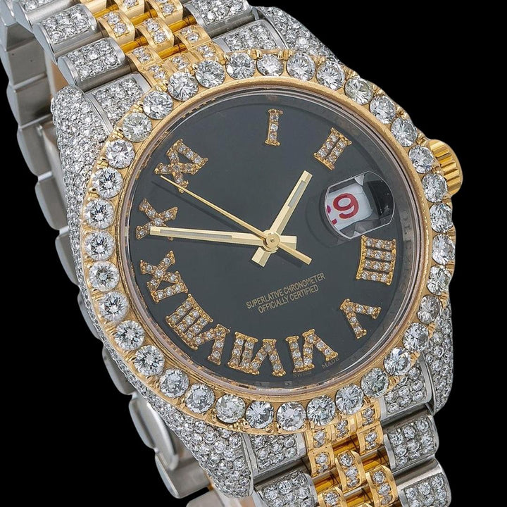 Rolex Datejust Black Dial Diamond Roman Numerals Two Tone Yellow Gold Jubilee Strap Iced Out Moissanite Watch Close Up Dial View