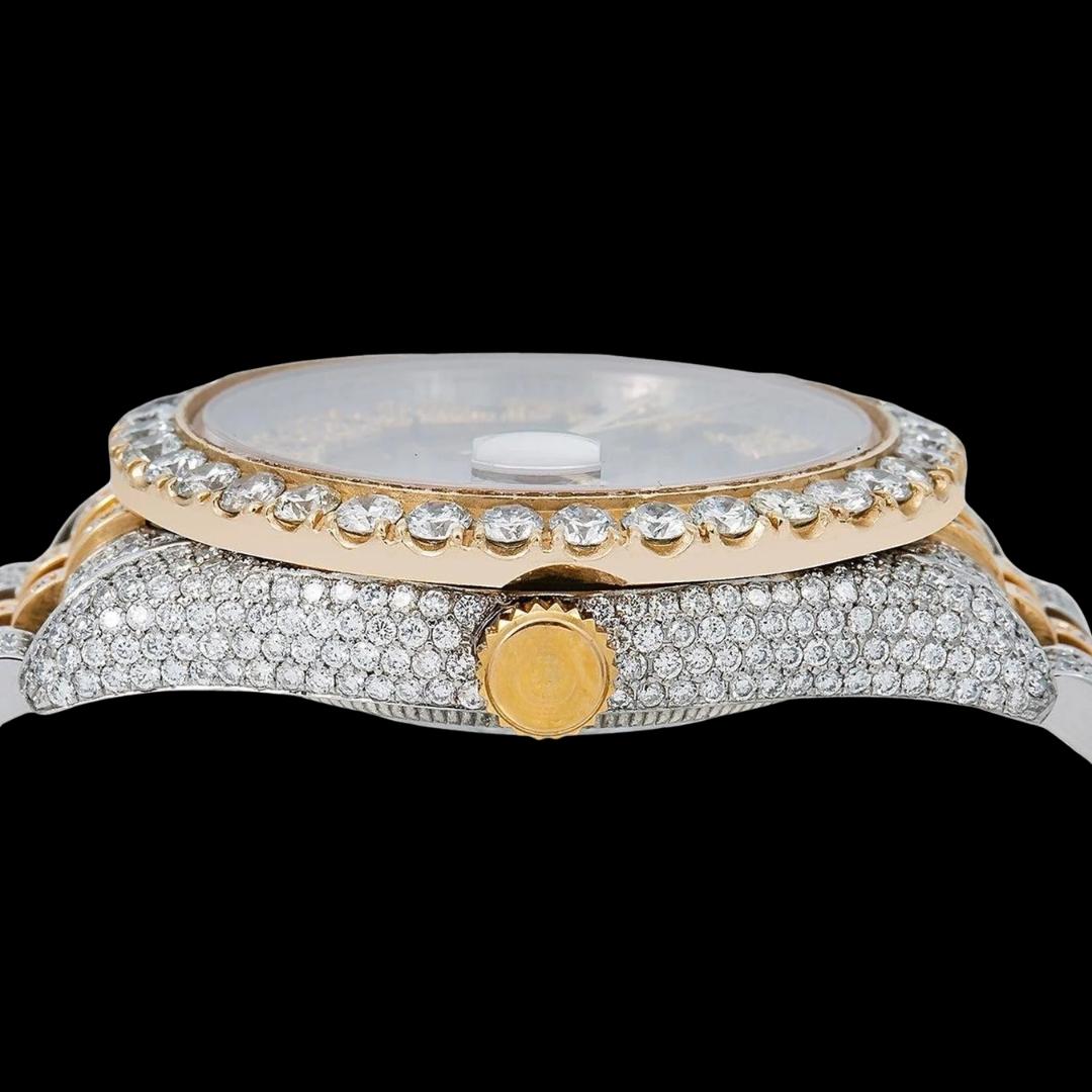 Rolex Datejust Black Dial Diamond Roman Numerals Two Tone Yellow Gold Jubilee Strap Iced Out Moissanite Watch Crown View