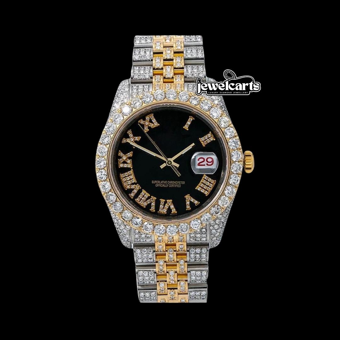 Rolex Datejust Black Dial Diamond Roman Numerals Two Tone Yellow Gold Jubilee Strap Iced Out Moissanite Watch Front View
