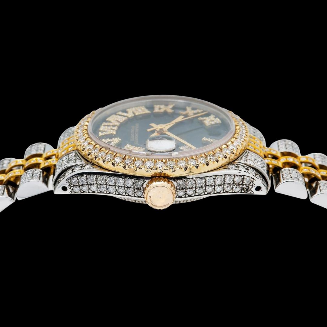 Rolex Datejust Black Dial Roman Numerals Two Tone Yellow Gold Jubilee Bracelet Full Iced Out Moissanite Watch Crown View