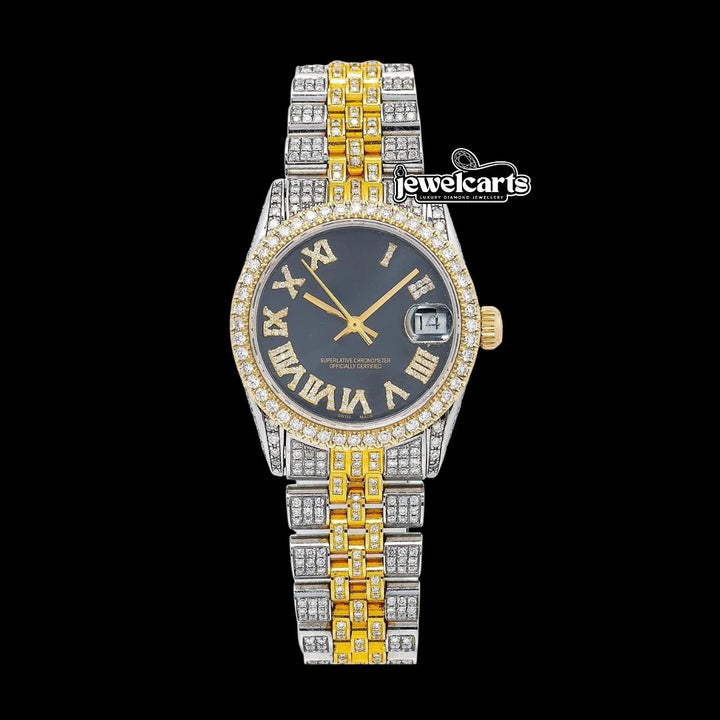 Rolex Datejust Black Dial Roman Numerals Two Tone Yellow Gold Jubilee Bracelet Full Iced Out Moissanite Watch Front View