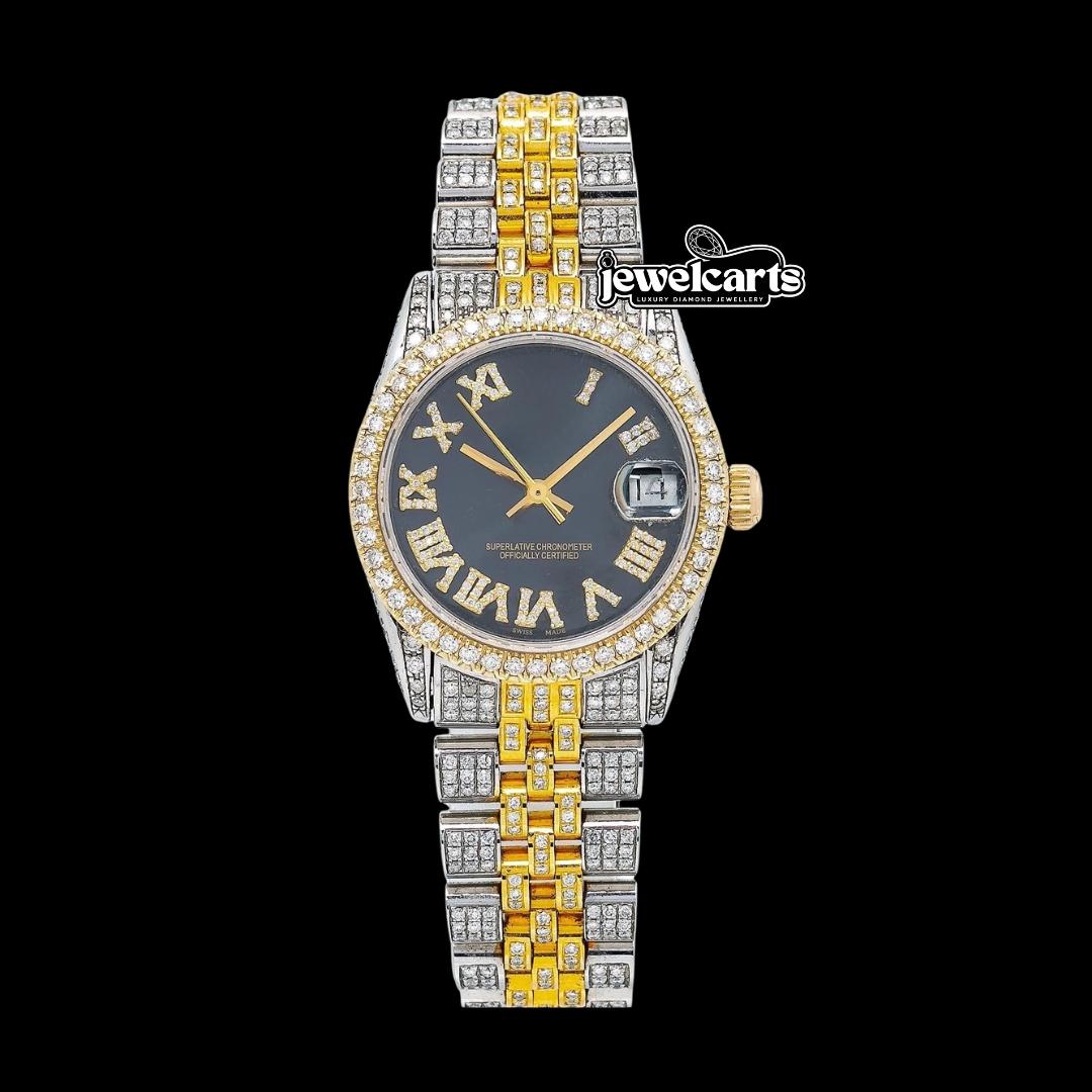 Rolex Datejust Black Dial Roman Numerals Two Tone Yellow Gold Jubilee Bracelet Full Iced Out Moissanite Watch Front View