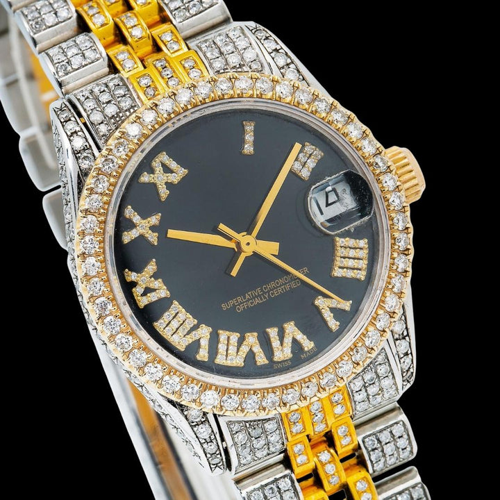 Rolex Datejust Black Dial Roman Numerals Two Tone Yellow Gold Two Tone Jubilee Watch Close Up Dial View