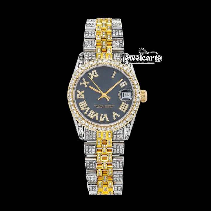 Rolex Datejust Black Dial Roman Numerals Two Tone Yellow Gold Two Tone Jubilee Watch Front View