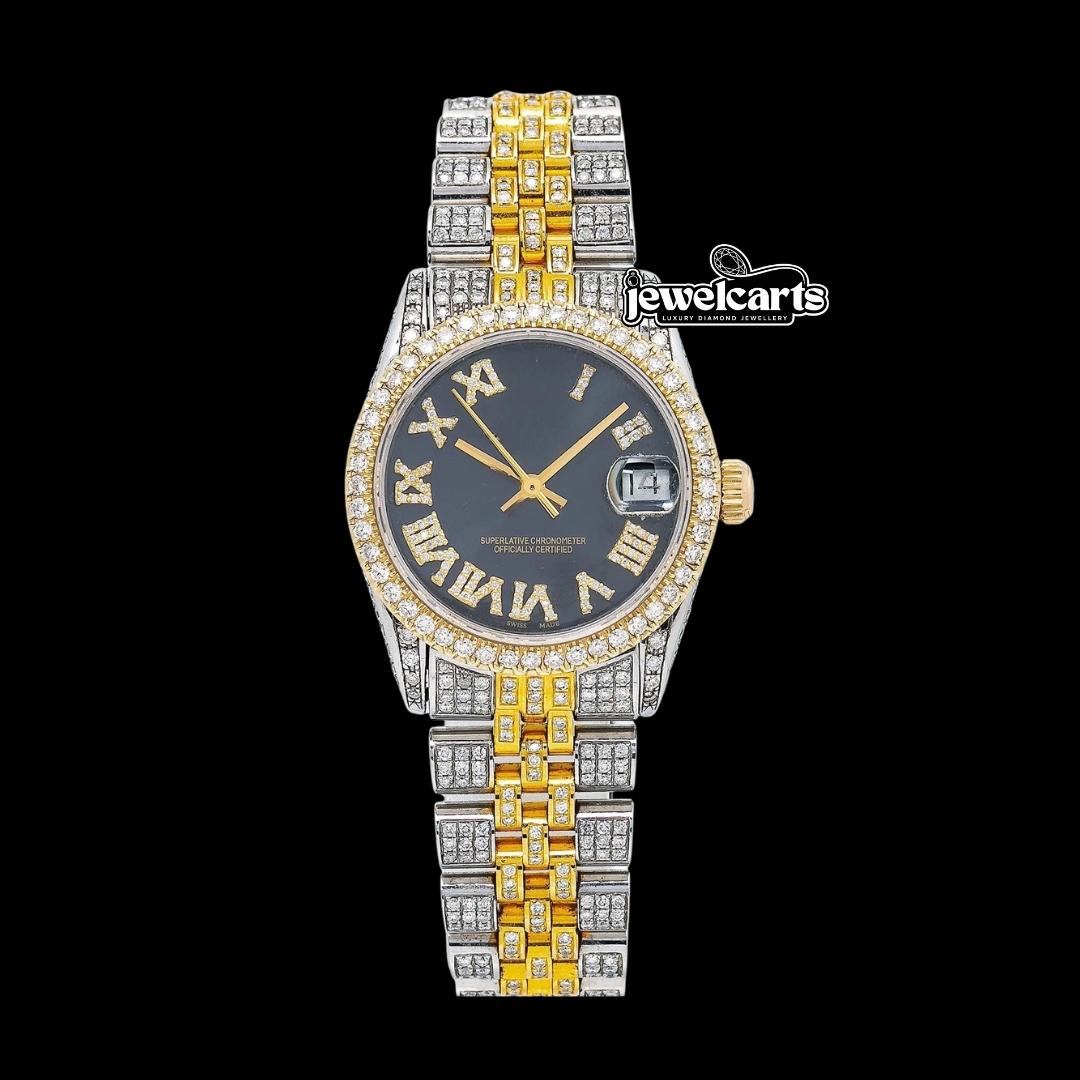 Rolex Datejust Black Dial Roman Numerals Two Tone Yellow Gold Two Tone Jubilee Watch Front View