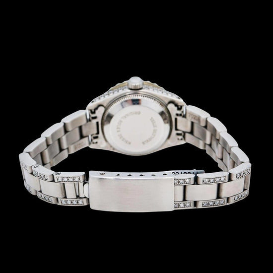 Rolex Datejust Black Diamond Dial Diamond Bezel Semi Iced Out Oyster Bracelet Moissanite Watch Caseback View