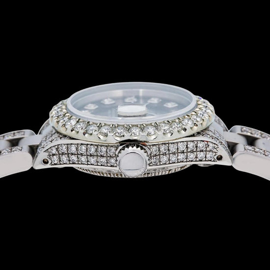 Rolex Datejust Black Diamond Dial Diamond Bezel Semi Iced Out Oyster Bracelet Moissanite Watch Crown View