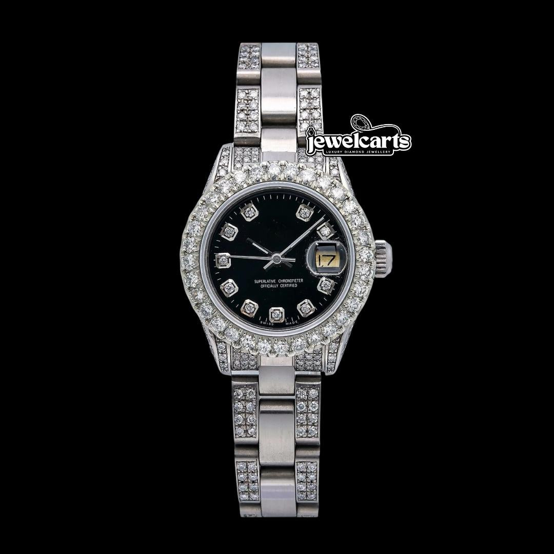 Rolex Datejust Black Diamond Dial Diamond Bezel Semi Iced Out Oyster Bracelet Moissanite Watch Front View