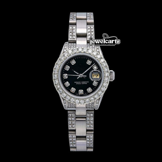 Rolex Datejust Black Diamond Dial Diamond Bezel Semi Iced Out Oyster Bracelet Moissanite Watch Front View