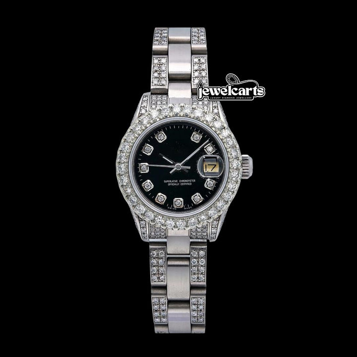 Rolex Datejust Black Diamond Dial Diamond Bezel Semi Iced Out Oyster Bracelet Moissanite Watch Front View