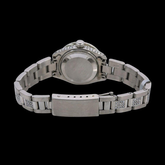 Rolex Datejust Black Diamond Dial Iced Out Oyster Bracelet Moissanite Watch for Women Caseback View
