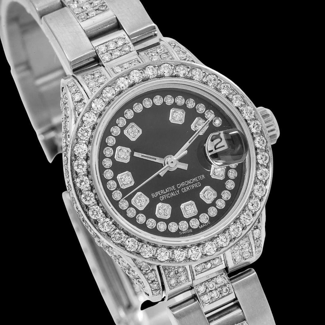 Rolex Datejust Black Diamond Dial Iced Out Oyster Bracelet Moissanite Watch for Women Close Up Dial View