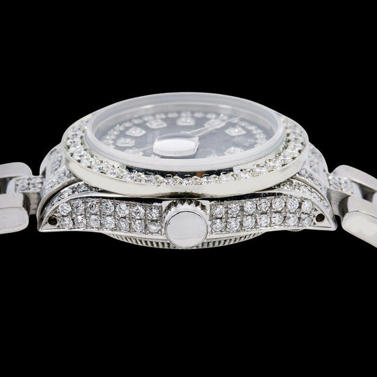 Rolex Datejust Black Diamond Dial Iced Out Oyster Bracelet Moissanite Watch for Women Crown View
