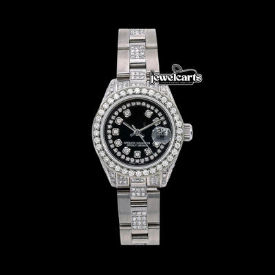 Rolex Datejust Black Diamond Dial Iced Out Oyster Bracelet Moissanite Watch for Women