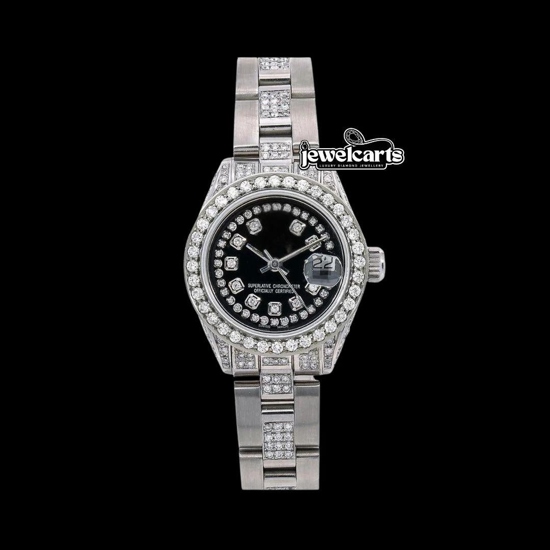 Rolex Datejust Black Diamond Dial Iced Out Oyster Bracelet Moissanite Watch for Women Front View