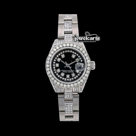 Rolex Datejust Black Diamond Dial Iced Out Oyster Bracelet Moissanite Watch for Women Front View